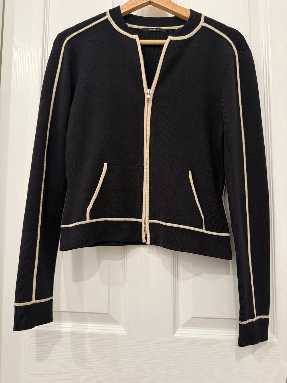 Elie Tahari Black Zip Cardigan with Cream Trim